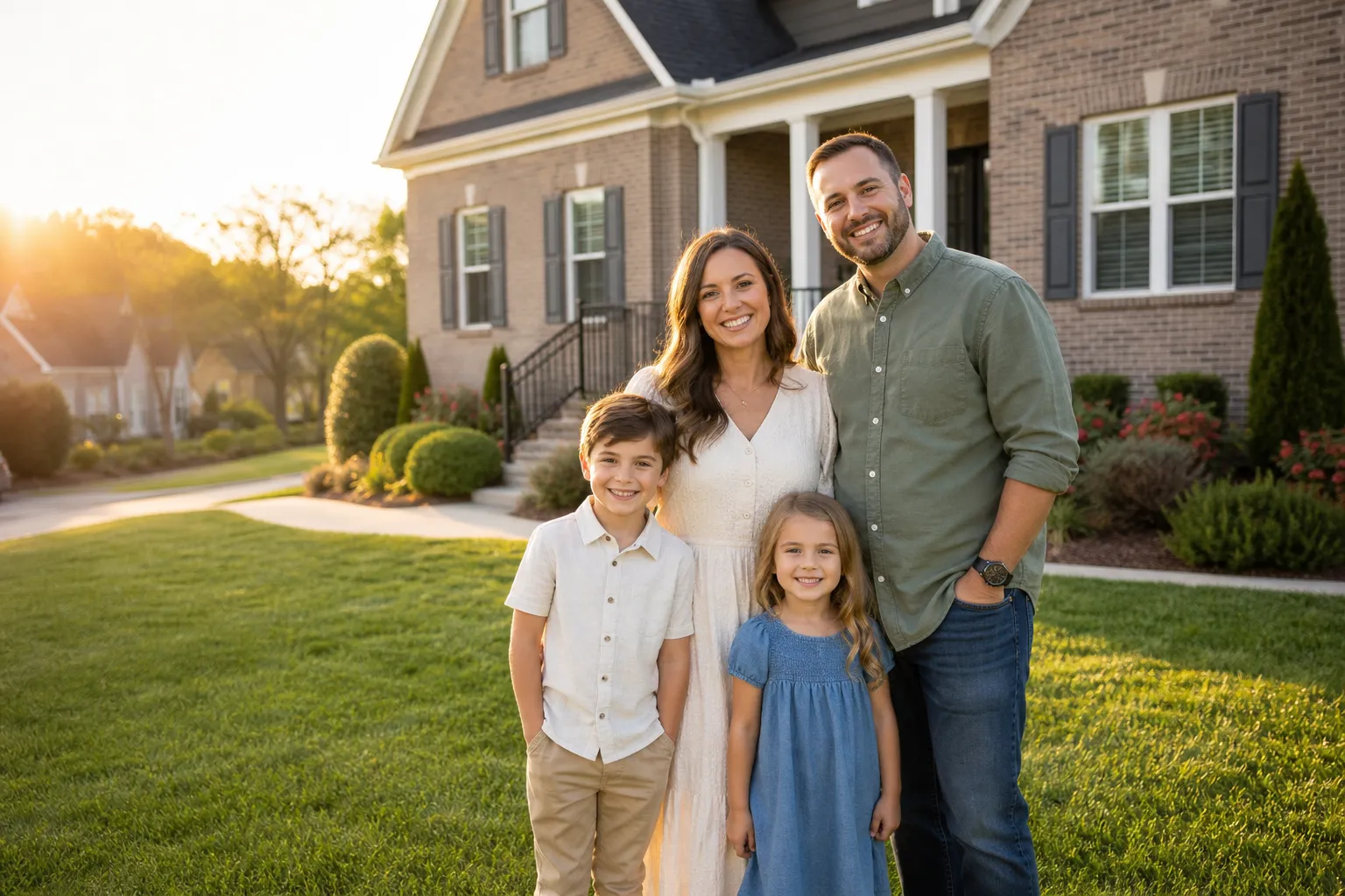 Happy family standing on the front lawn in front of their home